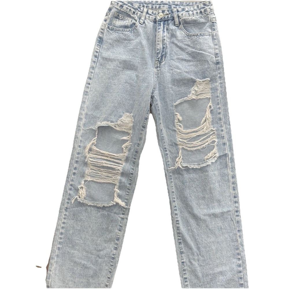 Light Wash Wide Leg‎ Distressed Jeans Size 4 Grunge Skater Urban Streetwear